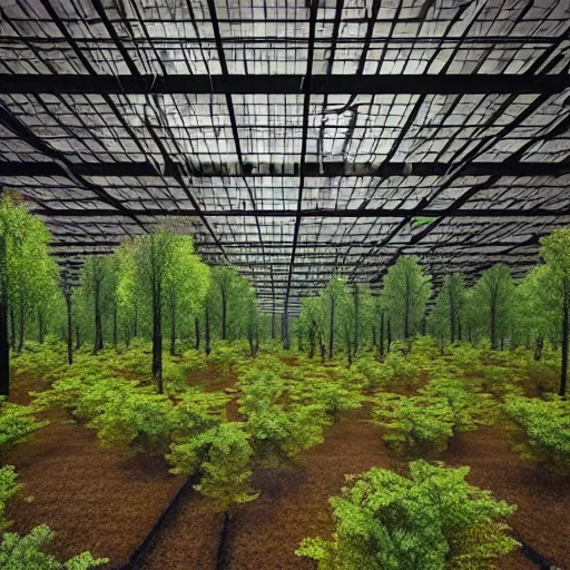 Image similar to beautiful render of a forest growing inside of a bright industrial warehouse