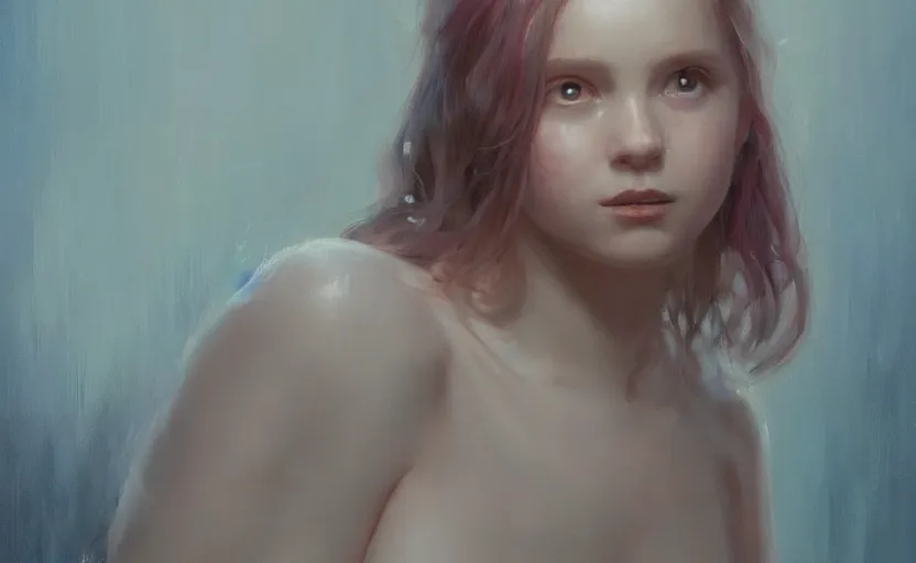 Image similar to a painting of little alice trending on artstation in the style of greg rutkowski, beautiful, female, sensual, natural skin, soft lighting, curvy build, natural sensuality, pink, blue, transgender