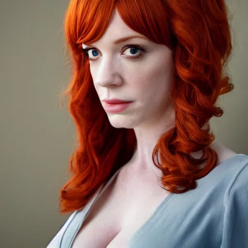 Image similar to symmetry!! christina hendricks!!! full frontal body photography of christina hendricks in cosplay, blushing, perfect facial symmetry, dim volumetric cinematic lighting, 8 k, post - processing, extremely hyper - detailed, intricate, epic composition, masterpiece, stunning,