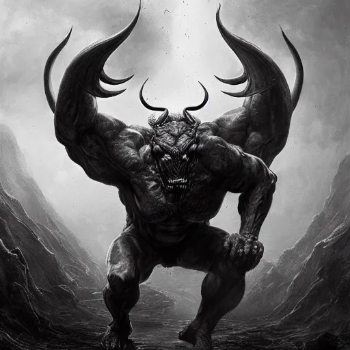 Image similar to full body, grayscale, Gustave Dore, greg rutkowski, muscled humanoid balrog demon, horns, claws, large horned tail, heroic pose, swirling flames