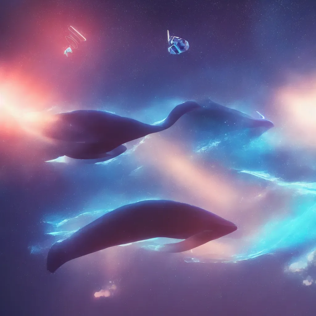 Image similar to a giant blue whale dreaming of his future in space, unreal engine 5, perspective 3 d octane render, psychedelc colors, byyoshita amano, by pixar, 8 k, light rays, lens flare, epic, hyperdetailed