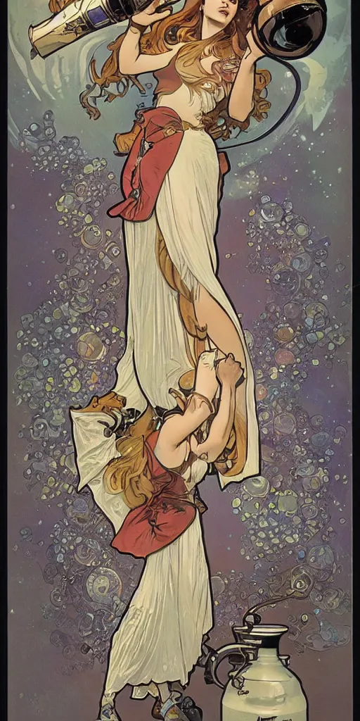 Image similar to a woman wearing outer space as a dress, pouring water from a vase into the milky way, by joe madura, by alphonse mucha, battle chasers.