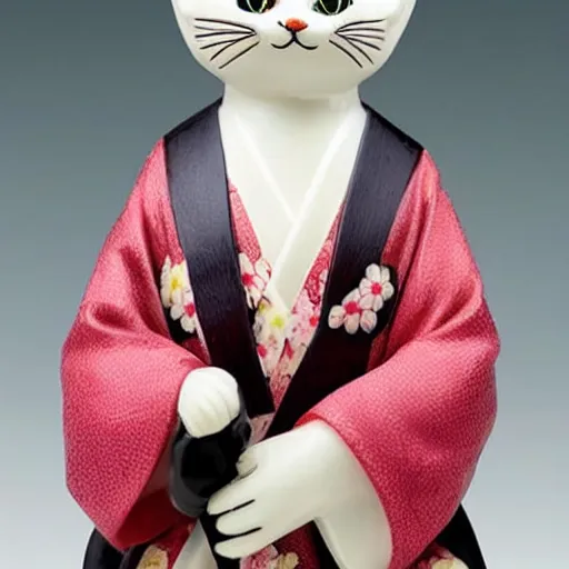 Prompt: demure anthropomorphic cat figurine wearing a kimono