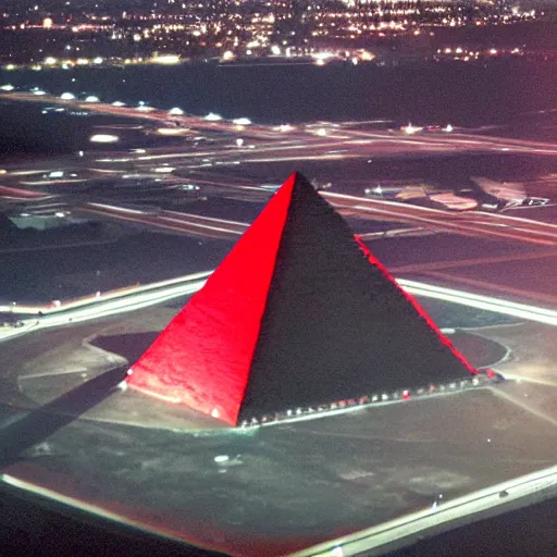 Image similar to wide angle photograph of a dark black pyramid with small red lights hovering over the pentagon at night