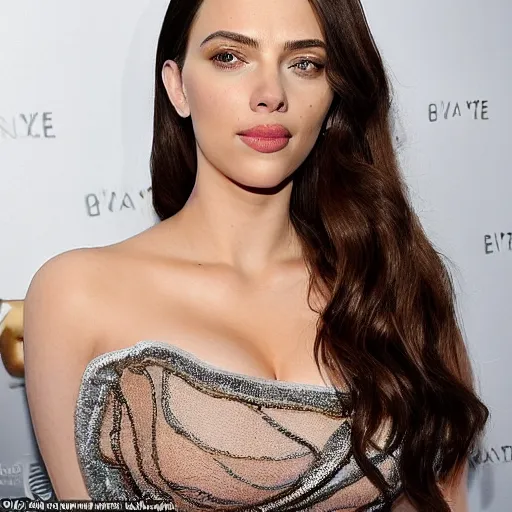 Image similar to a woman who is a genetic combination of kim kardashian and kat dennings and scarlett johansson and margot robbie and emma watson, face and upper - body focus