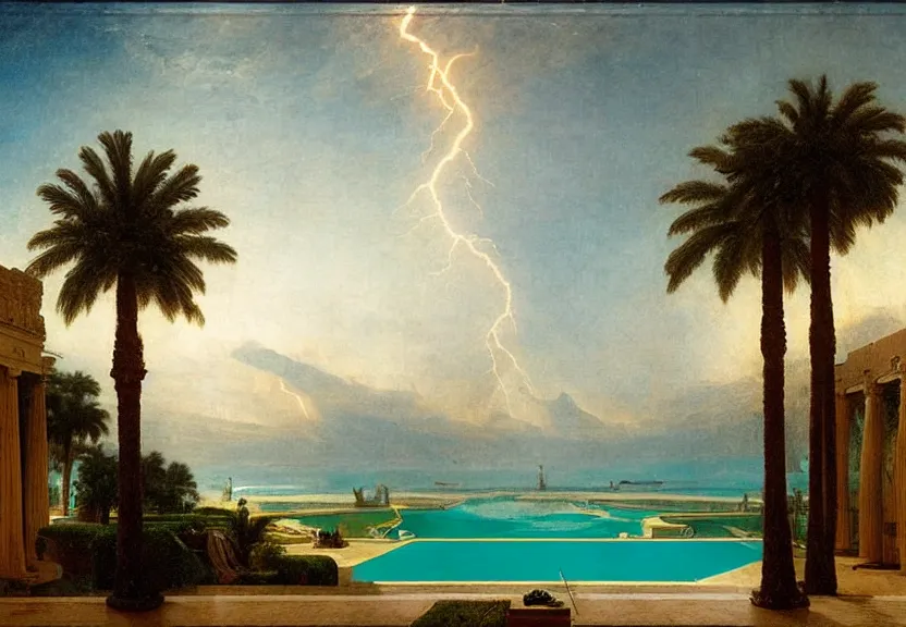 Image similar to The biggest palace ever made, thunderstorm, greek pool, beach and palm trees on the background major arcana sky, by paul delaroche, hyperrealistic 8k, very detailed