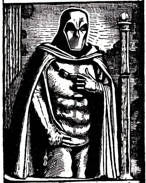 Prompt: b & w woodcut of doctor doom from the nuremberg chronicle, 1 4 9 3, restored, hq scan