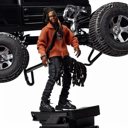 Image similar to travis scott action figure with dreads standing on top of a black rc pickup truck, close up studio photograph, white background