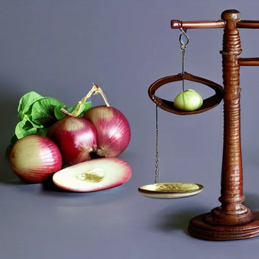 Prompt: set of balance scales with weights, libra symbol, one appleone onion in other dish