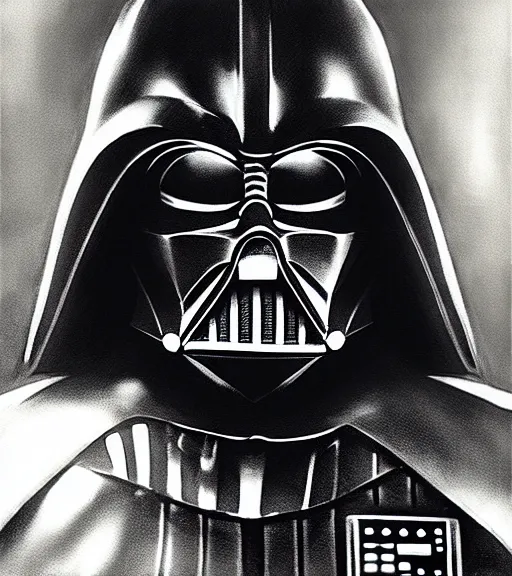 Prompt: black-and-white portrait of Darth Vader by Craig Mullins; extraordinary-masterpiece; realistic-lighting; 90mm; f/1.4