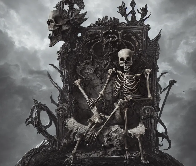 Image similar to a singular skeleton king sitting on a dark throne on the top of a mount of bones, digital art, trending on DeviantArt, highly detailed, high quality, 8K HDR, octane render, unreal engine 5, raytracing, cinematic lighting, concept art, dramatic environment, hyperrealistic