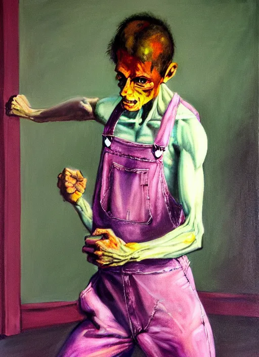 Image similar to an expressive skinny artist wearing overalls physically fighting with a ghost, inside a grand studio, depth of field, hauntingly surreal, highly detailed oil painting, by francis bacon, edward hopper, adrian ghenie, glenn brown, soft light 4 k, green and pink colour palette, cinematic composition, cinematic lighting, high quality octane render, masterpiece