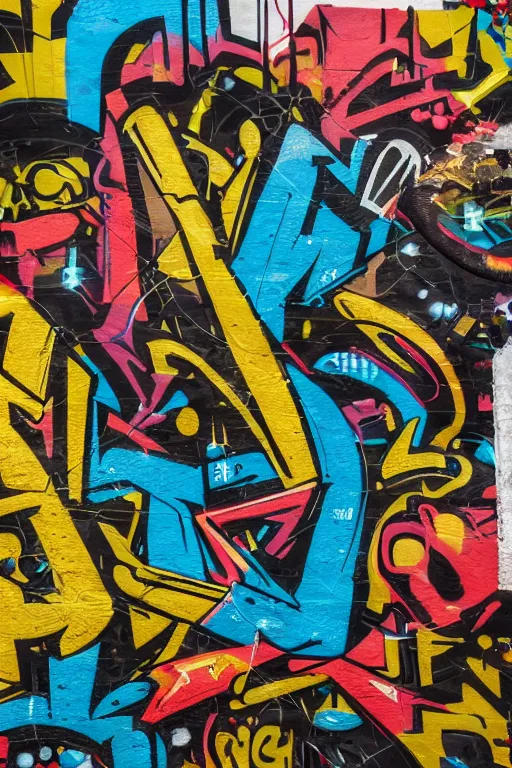 Image similar to extreme graffiti tag mural maximalism, yellow, brown, black and cyan color scheme, octane render