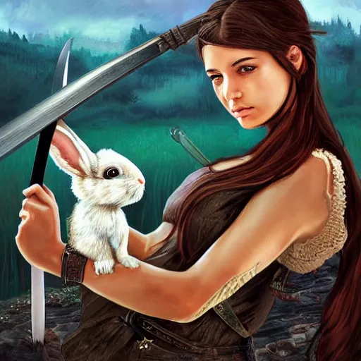 Image similar to digital art of a girl holding a sword fighting a bunny, detailed, beautiful scenery, detailed