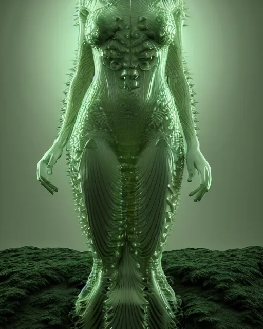 Image similar to a bw 3 d render of a beautiful female translucent bio mechanical vegetal goddess, dreamy, elegant photorealistic, cinematic, octane render,