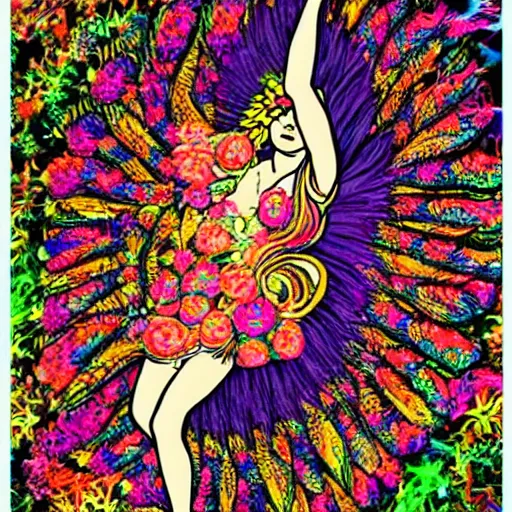 Prompt: the goddess of psychedelics dancing in a vortex made of flowers