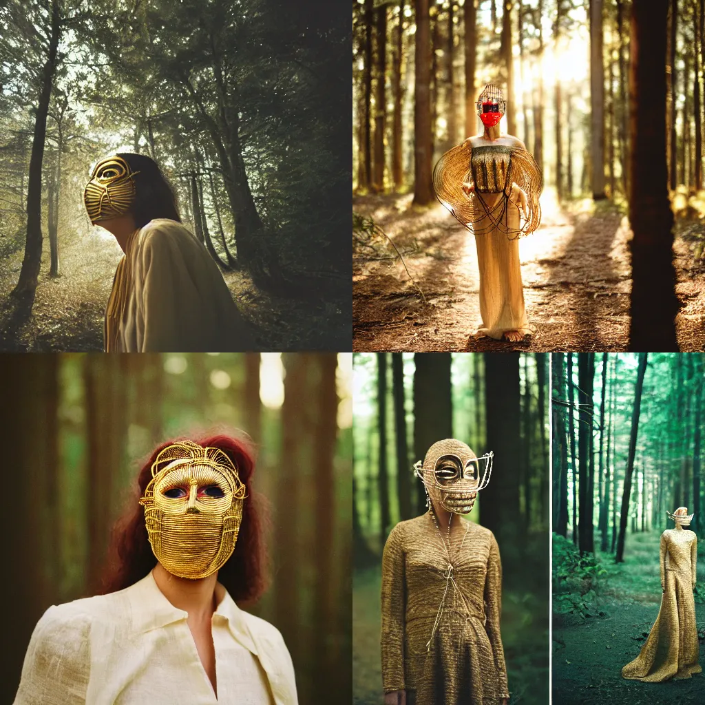 Prompt: a portrait photography of a woman wearing a mask made of wire, linen, and jewels, in a forest, golden hour, cinematic, Kodak Portra 800 film