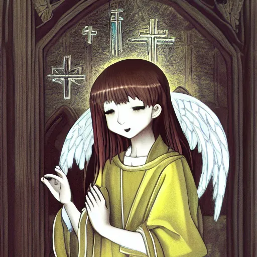 a pink hair girl praying in a church, anime style | Midjourney