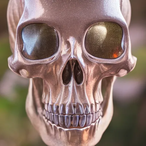 Image similar to high quality photo of crystal alien skull, photography 4k, f1.8 anamorphic, bokeh, 4k, Canon, Nikon