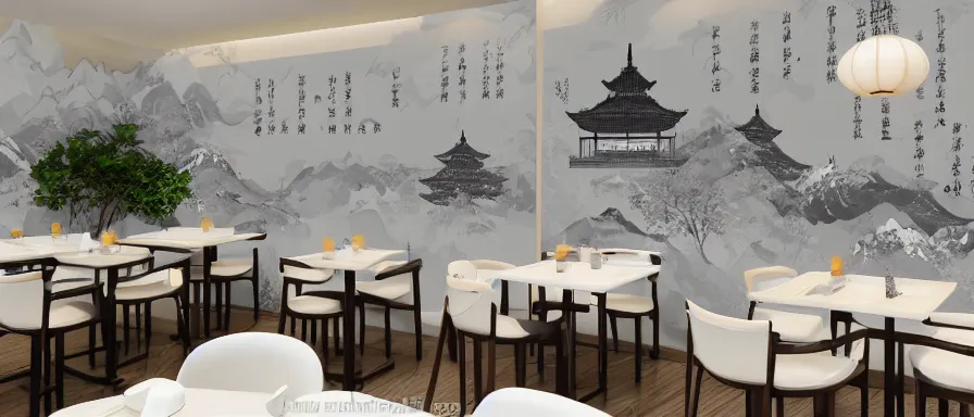 Image similar to a beautiful simple interior 4 k hd wallpaper illustration of small roasted string hotpot restaurant restaurant pagoda hill, wall corner, from china, wallpaper with tower mountains and white tile floor, rectangle white porcelain table, black chair, fine simple delicate structure, chinese style, simple style structure decoration design, victo ngai, 4 k hd