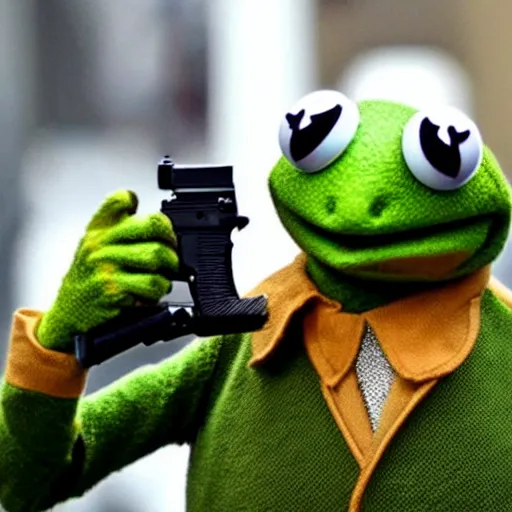 Image similar to kermit the frog with a gun in his hand