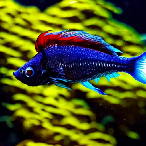 Image similar to a beautiful richly colored beta fish on a black background surrounded by black water