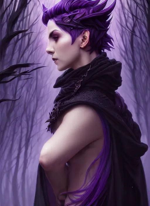 Image similar to side portrait dark witch, adventurer outfit large cloak, fantasy forest landscape, dragon scales, fantasy magic, undercut hairstyle, short purple black fade hair, dark light night, intricate, elegant, sharp focus, illustration, highly detailed, digital painting, concept art, matte, art by WLOP and Artgerm and Greg Rutkowski and Alphonse Mucha, masterpiece