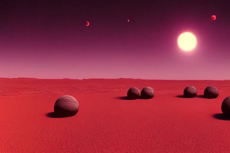 Image similar to a desert world planet with 3 moons in the sky hyper-realistic photo artistic trending on artstation beautiful scenic octane render reddish hue