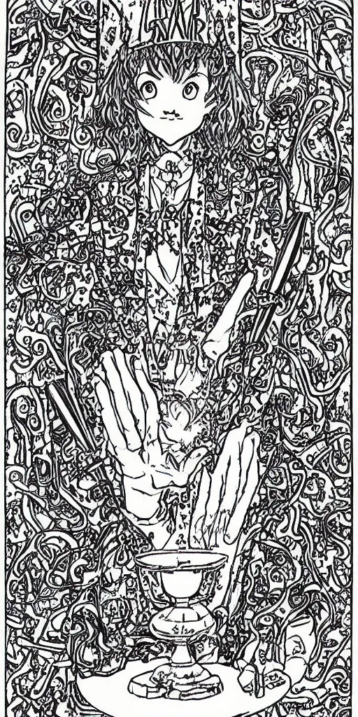 Prompt: a mystical man with a goblet on the table, wizard hat, drawn by Naoko Takeuchi, impressive line work, tarot card. tarot card the magician, psychedelic, intricate, detailed