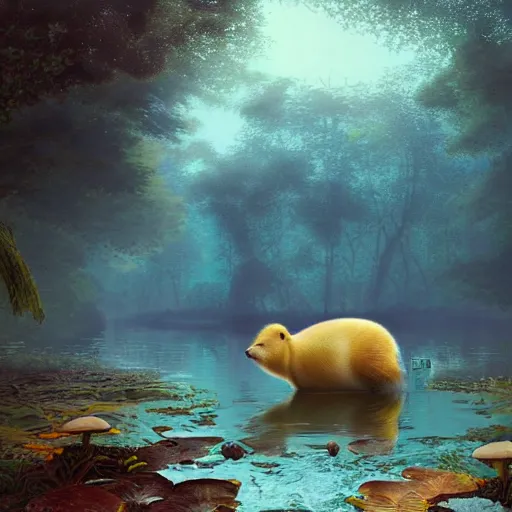 Image similar to Capybara swimming in a lake in a mushroom forest, digital art, psychedelic, by WLOP, by Artgerm, by Greg Rutkowski, volumetrics, octane render