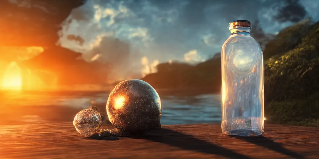 Image similar to a supernova inside a water bottle on a wooden table, hyperrealistic, concept art, octane render, unreal engine 5, trending on artstation, high quality, highly detailed, 8 k hdr, soft lighting, path traced, a beach at sunset in the background, bloom, high coherence, symmetrical, high contrast, digital art, serene landscape, cinematic