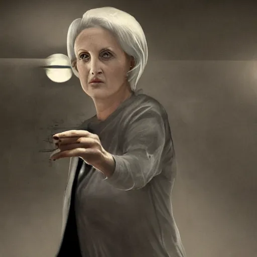 Prompt: woman in her 6 0 s with close cropped hair. lori petty. running on a treadmill. side on. realistic concept art painting. cinematic lighting. dark and moody. scifi