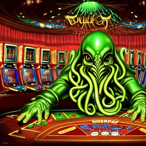 Image similar to digital art of cthulhu playing in a casino, realistic, highly - detailed, artstation cgsociety masterpiece