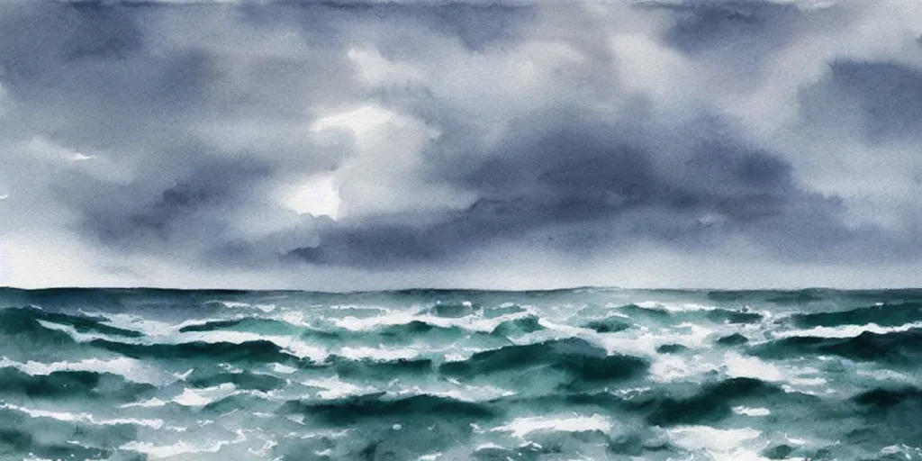 Image similar to stormy sea and dramatic sky, watercolor, artstation, realistic, moody