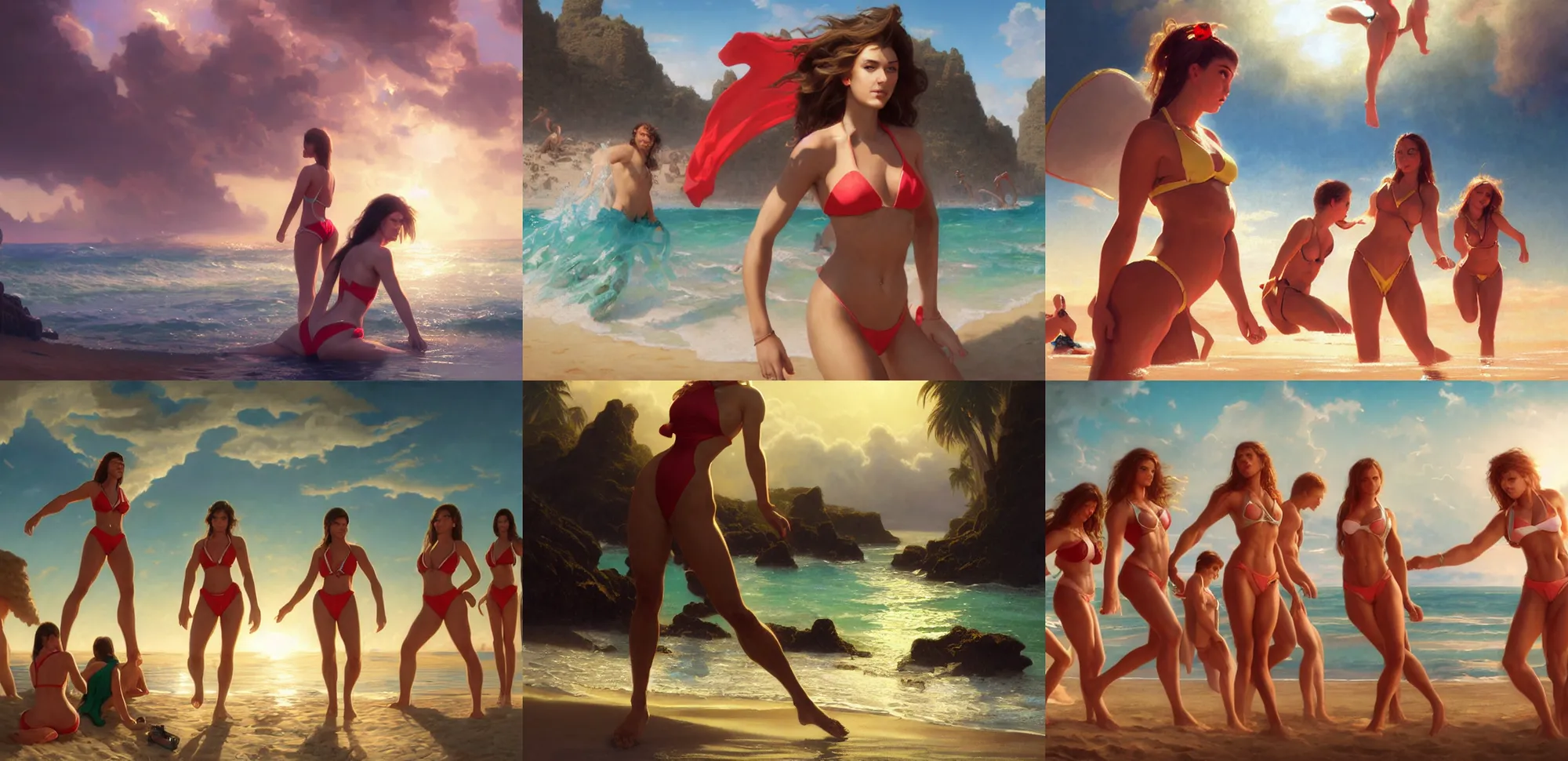 Prompt: bikini beach party baywatch style, cinematic, heavenly, volumetric light highly detailed, digital painting, artstation, concept art scene, smooth, sharp focus, epic illustration, unreal engine 5, 8 k illustration by bouguereau and greg rutkowski and edgar maxence