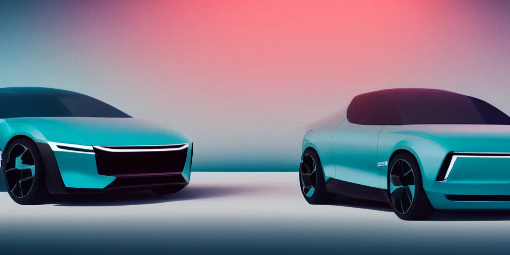 Image similar to a design of a futuristic car, designed by Polestar and DMC, vaporwave sunrise background, brushed teal copper car paint, black windows, dark show room, dramatic lighting, hyper realistic render, depth of field