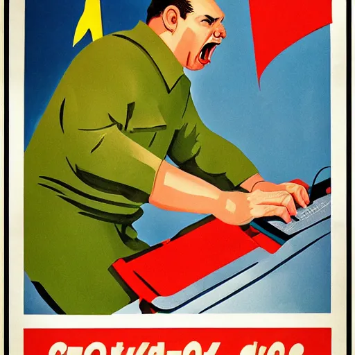 Image similar to soviet propaganda poster of an angry communist developer yelling at his computer