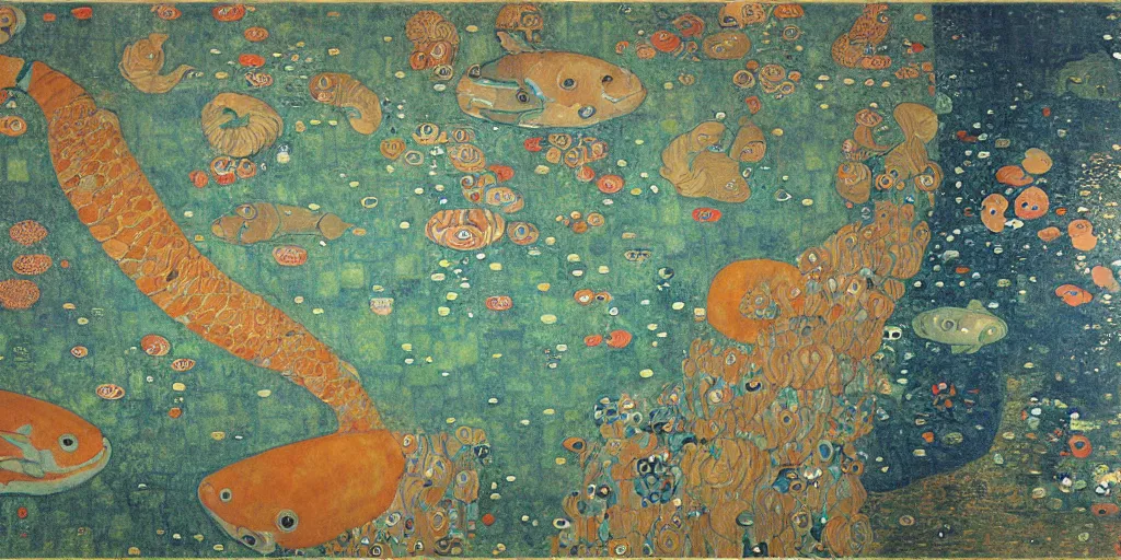 Image similar to Underwater, An ancient city in the deep sea, giant koi fish, by Gustav Klimt, by james jean, by Peter Paul Rubens and Jan Bruegel the Elder