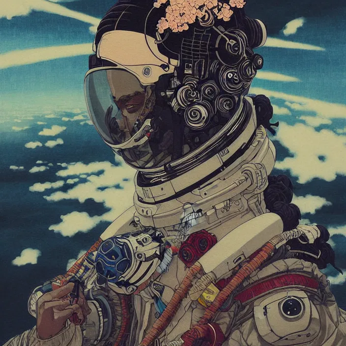 Image similar to a beautiful ukiyo painting of travis scott as a spacepunk battle space pilot, wearing space techwear, detailed close up portrait, intricate complexity, concept art, by takato yamamoto, wlop, krenz cushart. cinematic dramatic atmosphere, sharp focus, digital full likeness art. center frame