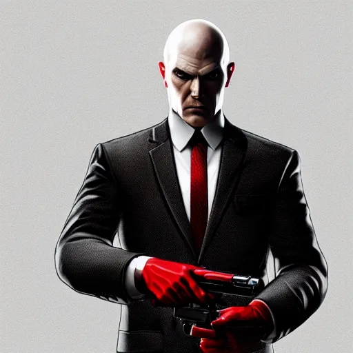 Image similar to a portrait of agent 4 7 from hitman wearing large headphones while pointing a silenced silver handgun, dark background, red rim light, smooth, sharp focus, art by irina french