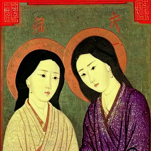 Image similar to portrait of 2 asian looking girls in iconography style andrei rublev glitter chinese ornament background