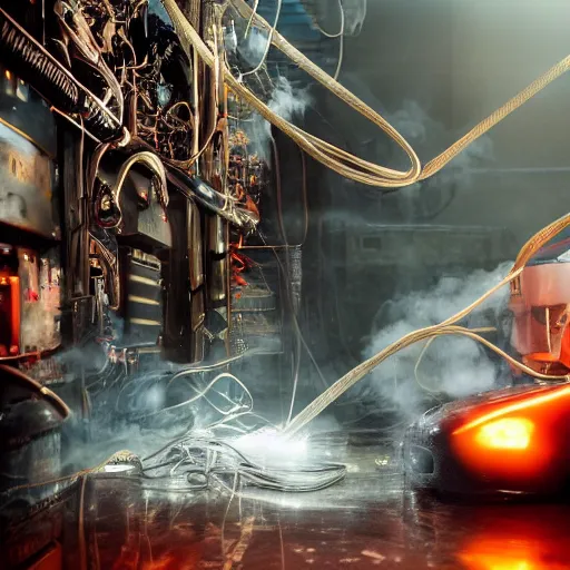 Image similar to smoothie blender, tangles of metallic cables, dark messy smoke - filled cluttered workshop, dark, dramatic lighting, orange tint, sparks, plasma charges, cinematic, highly detailed, sci - fi, futuristic, movie still