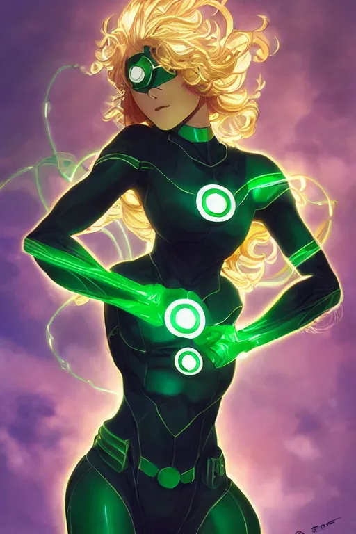 Image similar to anime key visual of a beautiful young female green lantern!! intricate, green and black suit, glowing, powers, dc comics, cinematic, stunning, highly detailed, digital painting, artstation, smooth, hard focus, illustration, art by artgerm and greg rutkowski and alphonse mucha