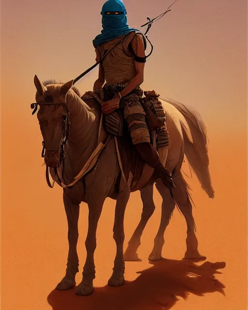 Prompt: male desert stalker, lonely rider, covered head | | realistic shaded, fine details, realistic shaded lighting poster by greg rutkowski, diego gisbert llorens, magali villeneuve, artgerm, jeremy lipkin and rob rey