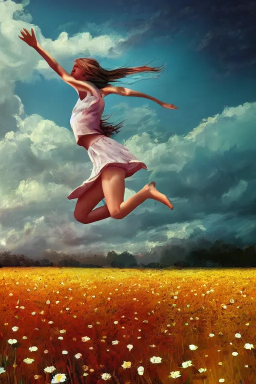 Image similar to giant white daisy flower head, girl jumping in a flower field, surreal photography, sunrise, dramatic light, impressionist painting, colorful clouds, digital painting, artstation, simon stalenhag