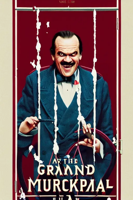 Image similar to a movie poster for the film the shining in the style of the grand budapest hotel featuring one grinning jack nicholson and blood gushing from an elevator.