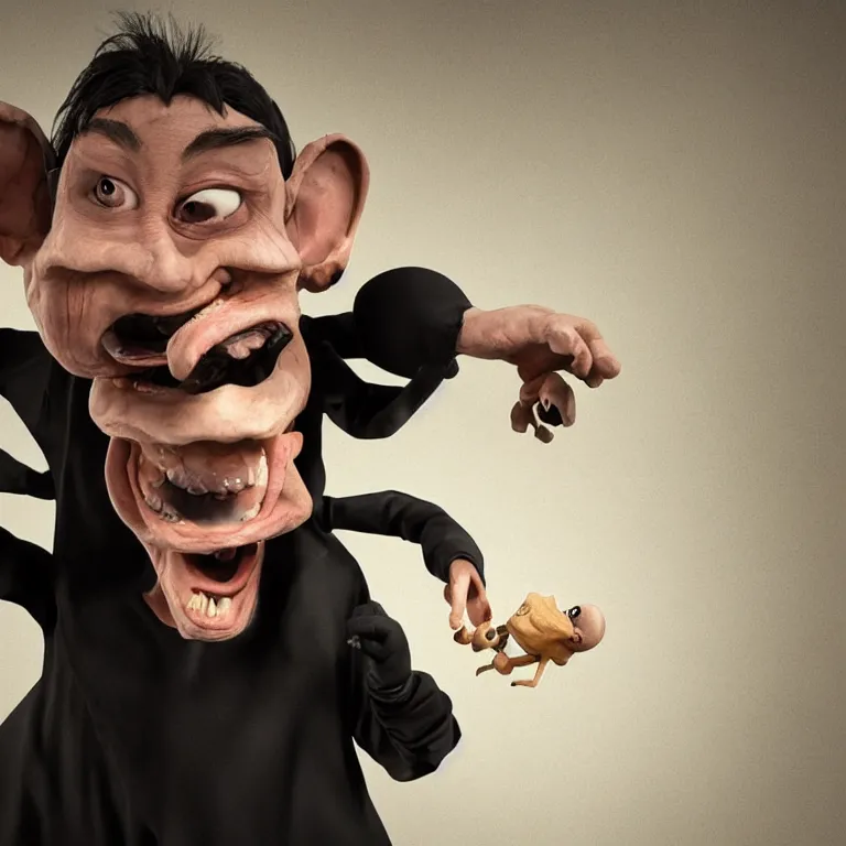 Image similar to arthouse film octane render portrait by wayne barlow and carlo crivelli and glenn fabry, an cute adorable evil hand puppet attacking a puppeteer wearing black tights and a long black shirt, cinema 4 d, ray traced lighting, very short depth of field, bokeh