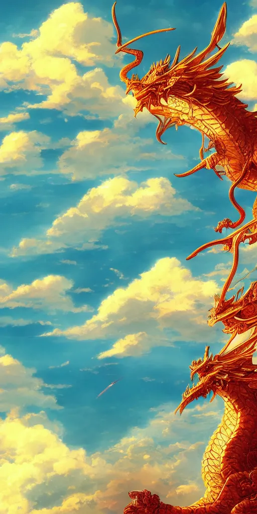 Prompt: golden paper + an intricate dragon hide in the clouds depiction + elaborate red illustration by makoto shinkai, wu daozi, very detailed, deviantart, 8 k vertical wallpaper, tropical, colorful, airy, anime illustration, anime nature wallpap