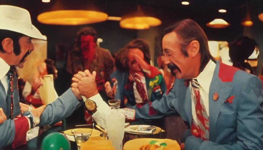 Prompt: 7 0 s movie still of peewee herman arm wrestling hulk hogan, cinestill 8 0 0 t _ 3 5 mm eastmancolor, heavy grain, high quality, high detail