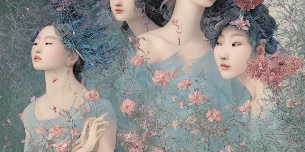 Image similar to breathtaking detailed concept art painting blend of two goddess of light blue flowers by hsiao - ron cheng with anxious piercing eyes, vintage illustration pattern with bizarre compositions blend of flowers and fruits and birds by beto val and john james audubon, exquisite detail, extremely moody lighting, 8 k